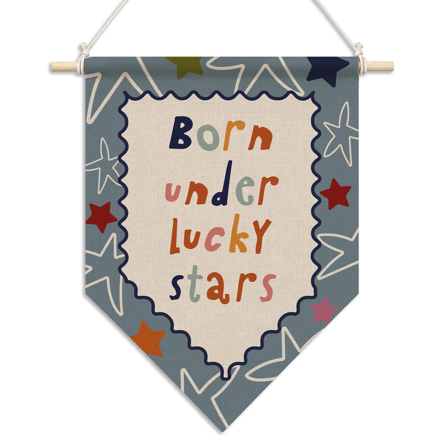 RUKUPA Kids Room Wall Art Decor, Boy Girl Nursery Hanging Pennant Flag, Born Under Lucky Stars Nursery Wall Art Poster Hanger for Kids Toddler Room Playroom Bedroom Classroom Decor, 11x15 Inch