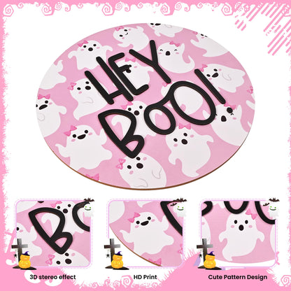 Frugtfrit Pink Halloween Hey Boo Door Decor, 3D Pink Ghost Wood Welcome Sign for Front Porch, Halloween Wreath for Little Boo Baby Shower, Playhouse