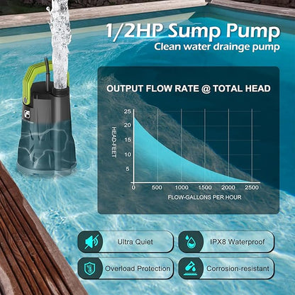 FLUENTPOWER Sump Pump, 1/2HP Submersible Water Pump, 2500GPH Utility Pump Manual Control for Swimming Pool Garden Pond Basement Draining, with 16.4Ft Cord, Adapters, Check Valve and Rope