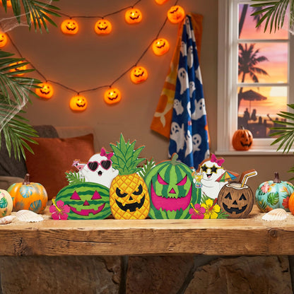 Novabright Summer Halloween Table Decor Wooden Pumpkin Face Tiered Tray Decor Cute Ghost Block Sign Watermelon Pineapple Centerpiece for Summer Halloween Home Kitchen Shelf Party Decoration Gift