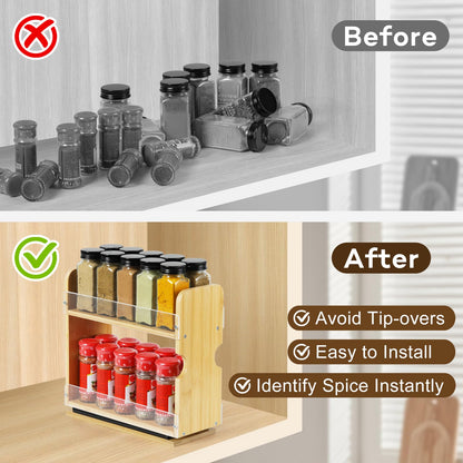 Memxike 2 Tier Pull Out Spice Rack Organizer, Bamboo Sliding Spice Rack for Kitchen Cabinet, (4.4" W x 10.6" D x 10.4" H) Spice Storage, Pantry Organization