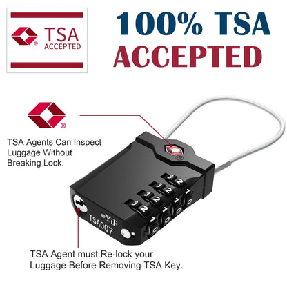 TSA Approved Locks for Luggage, 2 Pack Combination Travel Steel Cable Lock, Re-settable 4 Digit Padlocks with Inspection Indicator, Alloy Body Keyless Padlock for Lockers, Backpacks, Bags - Black