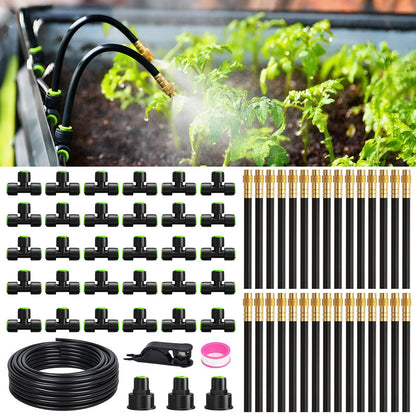 RAINPOINT 100FT Drip Irrigation System, Garden Watering Kit with 30pcs 360°Adjustable Copper Nozzles, Automatic Atomizing Watering Sprinkler System for Greenhouse, Lawn, Raised Beds, Outdoor Plants