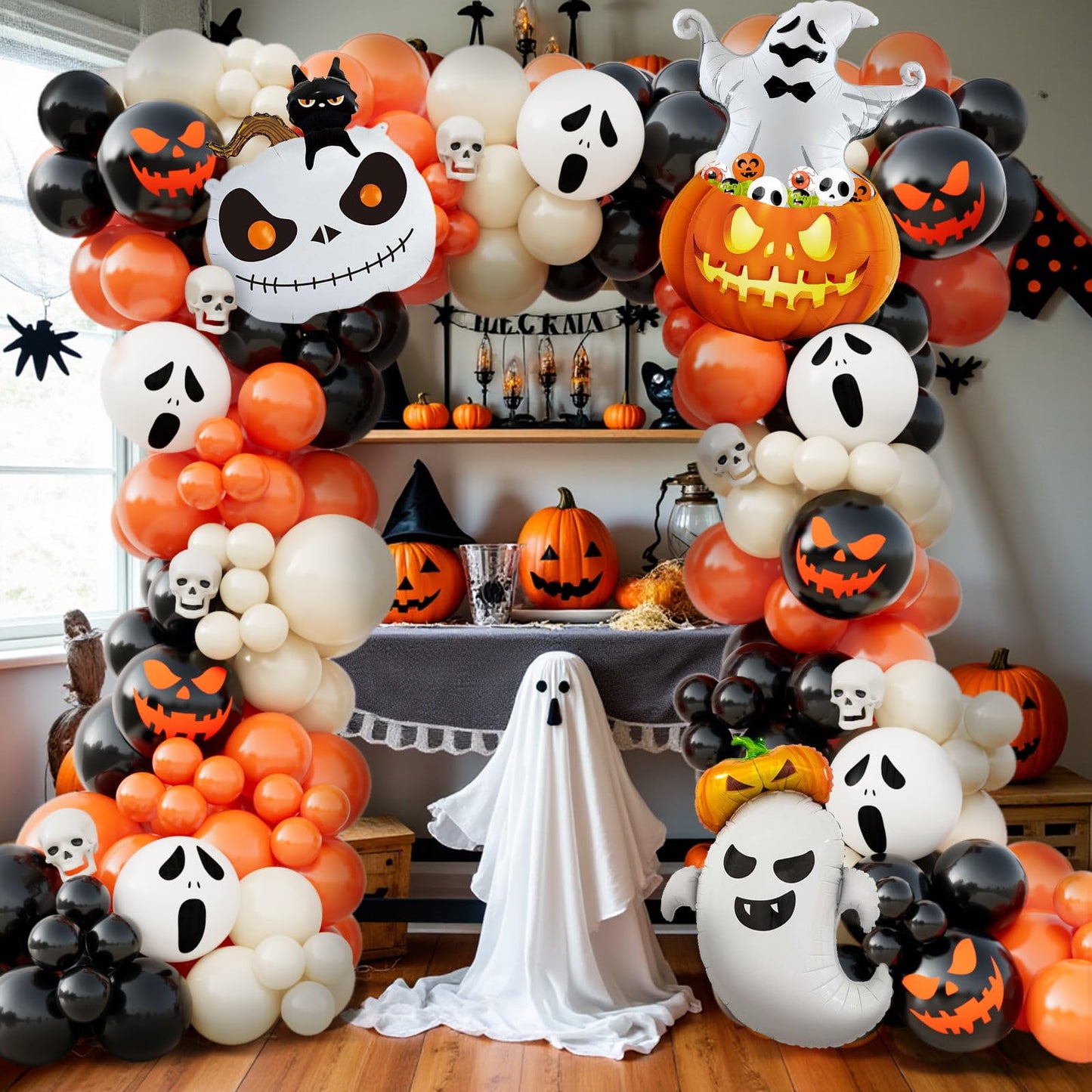 AobkDeco 152pcs Halloween Balloon Arch Kit - Orange, Lvory White & Black Balloons with Pumpkin, Ghost & Black Cat Foil Balloons for Halloween Party Decoration