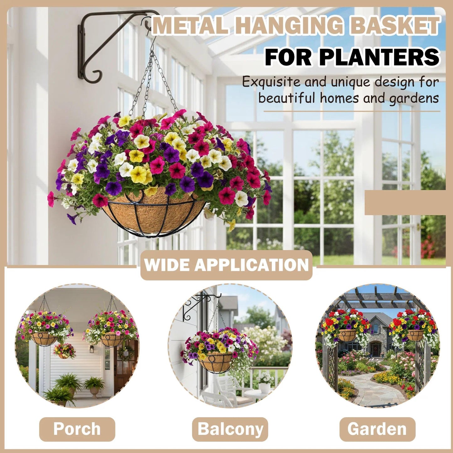 KIDYBELL 2 Pack 12 inch Black Round Metal Wire Hanging Planter Basket Outdoor Hanging Baskets Indoor with Coco Liner Pot Plant Holder for Home Garden Balcony Decor