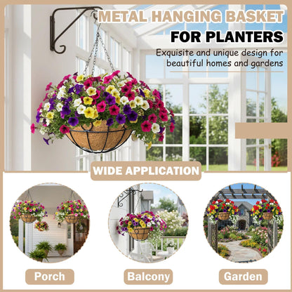 KIDYBELL 2 Pack 12 inch Black Round Metal Wire Hanging Planter Basket Outdoor Hanging Baskets Indoor with Coco Liner Pot Plant Holder for Home Garden Balcony Decor