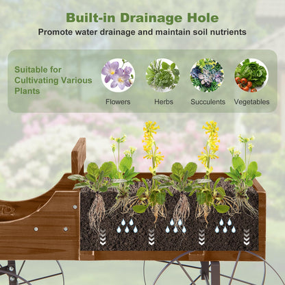 FIREFLOWERY Wooden Wagon Planter, Decorative Flower Pots w/ 2 Planting Sections, Wheels & Handle, Rustic Farmhouse Garden Planter Box for Patio, Yard, Porch (Walnut)