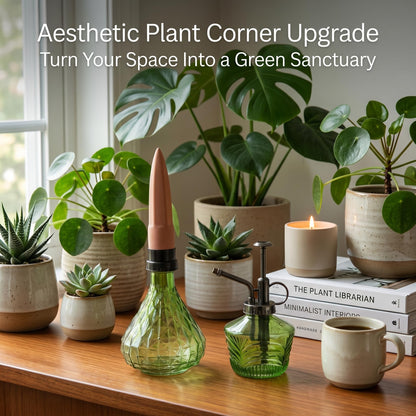 Topadorn Vintage Glass Plant Care Set, Plant Mister Spray Bottle & Terracotta Self-Watering Globe, Green