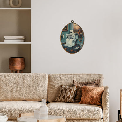 OINDADE Halloween Ghost Bathroom Oval Wall Art Decor, Fall Spooky Ghost on Toilet Wall Art Hanging Decor, Halloween Gothic Ghosts Fall Framed Canvas Artwork for Bathroom Washroom Toilet, 8.8x11.5in