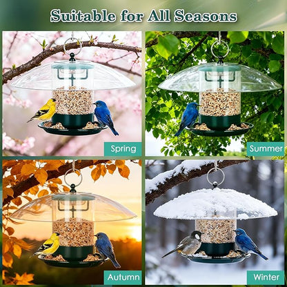 Gbekery Metal Bird Feeder for Outdoor Hanging with 12” Weatherproof Dome, Weather Resistant Wild Bird Feeder with 360 Degree Feeding Tray, Green