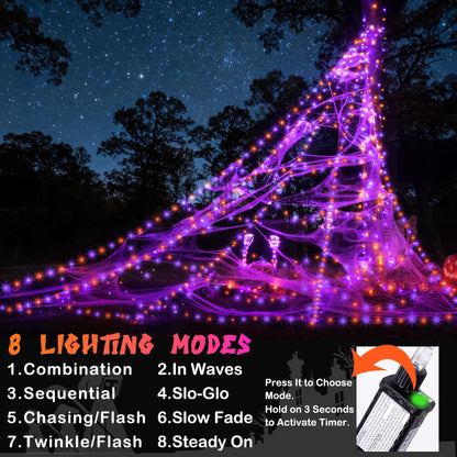 LED Spider Web Lights for Halloween Decorations Outdoor - 616 LEDs, 8 Lighting Modes, 16.4 Ft Light Up Giant Web (Purple & Orange)