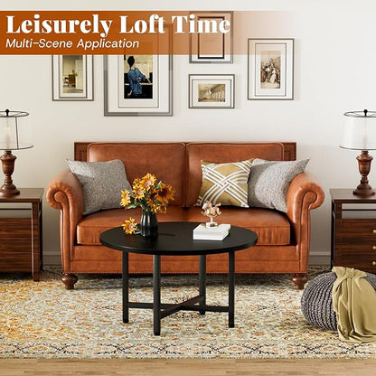 Coffee Table, 23.6" Small Coffee Tables, Black Round Coffee Tables for Living Room, Floor Table for Sitting on The Floor, Center Coffee Table with Metal Frame for Office Apartment Home