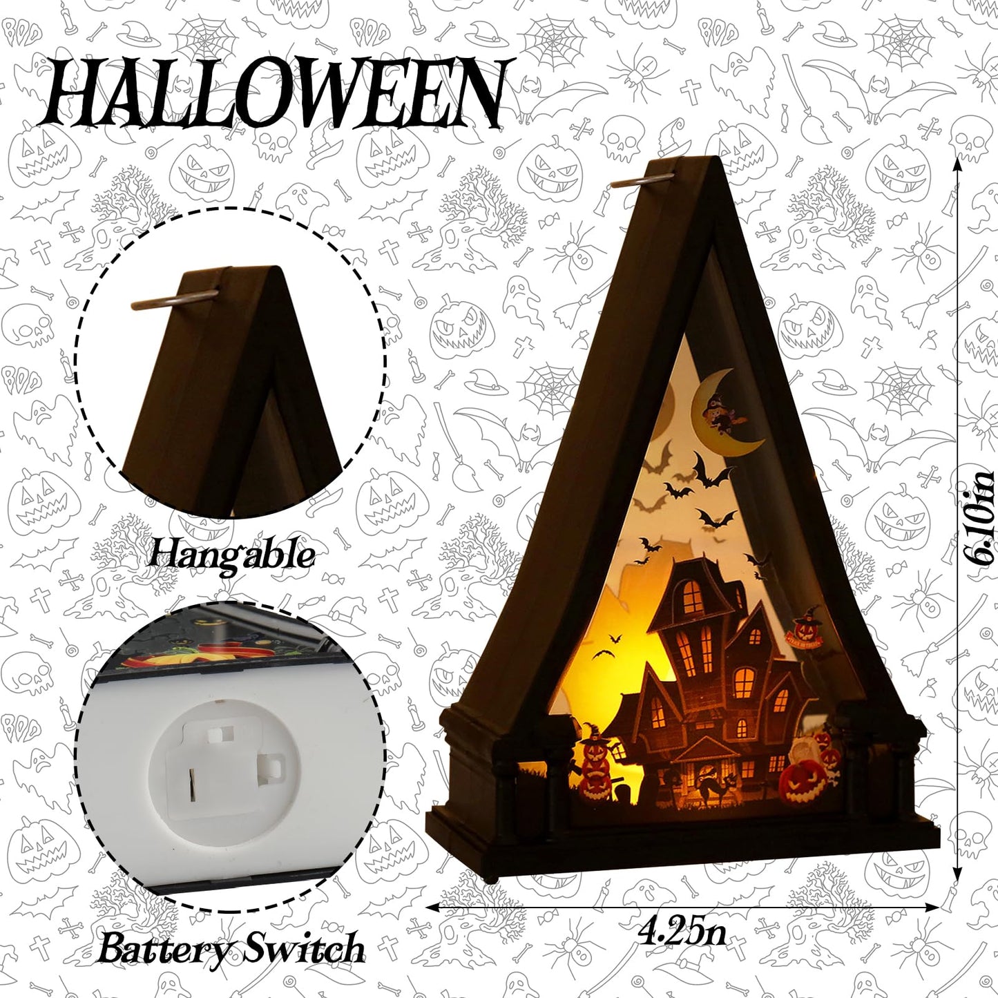 3 Pieces Halloween Lanterns Decoration 6.1" Height Retro Hanging Lamp Halloween Pumpkins Castle Flameless Candle Holder Triangular Lantern for Home Indoor Outdoor Party Supplies
