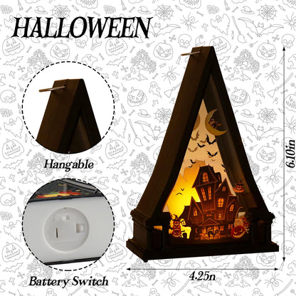 3 Pieces Halloween Lanterns Decoration 6.1" Height Retro Hanging Lamp Halloween Pumpkins Castle Flameless Candle Holder Triangular Lantern for Home Indoor Outdoor Party Supplies