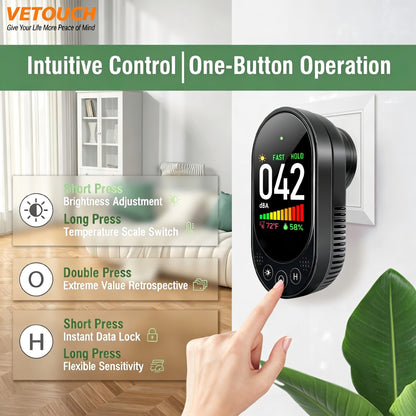 VETOUCH Plug-in Noise Meter Digital Sound Level, 3 in 1 Decibel Meter with Temp Humidity, 30-130dB Portable SPL, AC Powered, Data Hold, Max Min, Fast/Slow, 1.83" LCD, Meter for Home RV