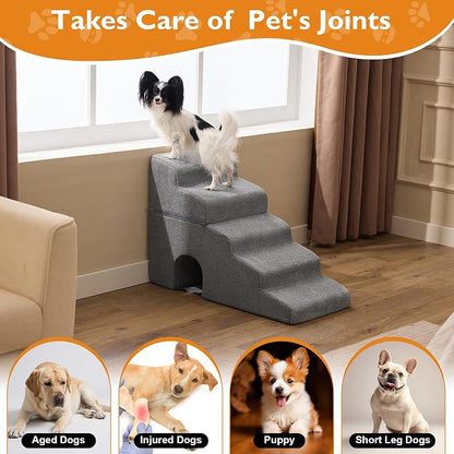 Dog Stairs for Bed 23’’ H, 5-Step Dog Steps for High Bed, Foldable Pet Stairs for Small Dogs and Cats to Get on Beds, Couch, Non-Slip Balanced Pet Steps and Ramp with Waterproof Cover, Grey