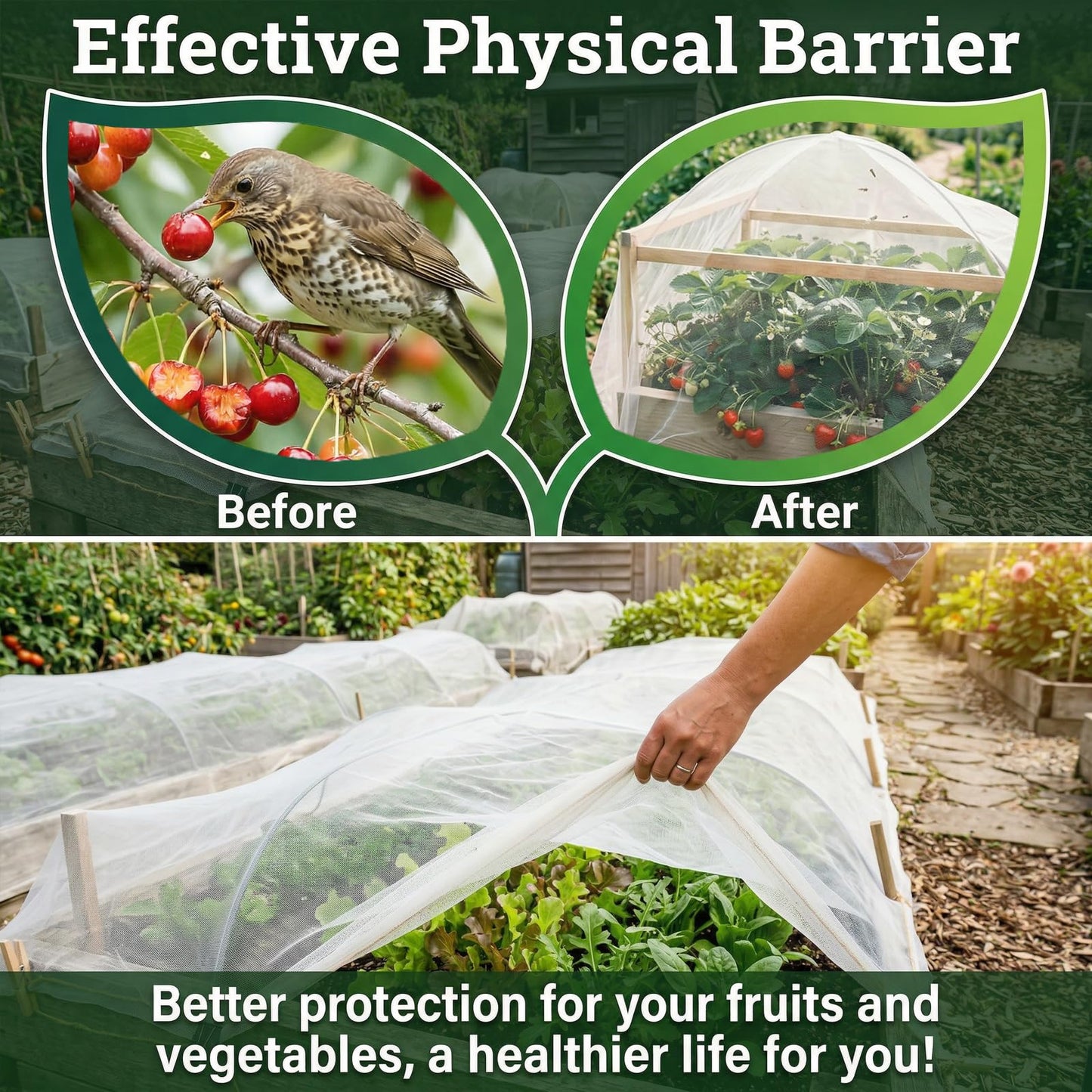 10FT x 20FT Garden Netting Ultra Fine Mesh Netting Plant Cover Insect Bird Netting Barrier for Garden Protection Row Cover for Raised Beds/Greenhouse Vegetables Fruits Flowers Trees
