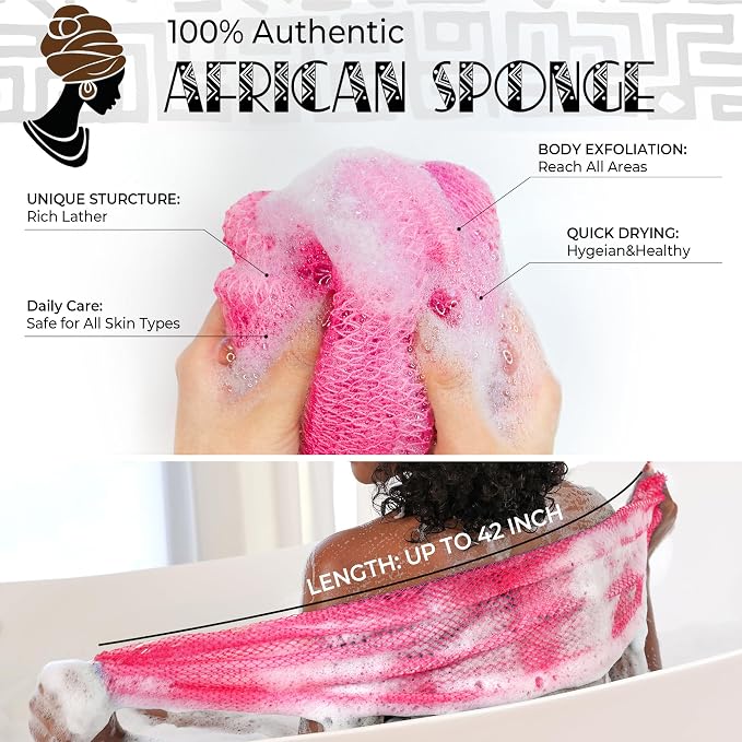 African Net Sponge Authentic - 2 Pieces Exfoliating Body Scrubber Bath Sponge - Back Scrubber Washcloth for Shower - Real African Scrub Exfoliator Body Care Bathing Accessories for Women