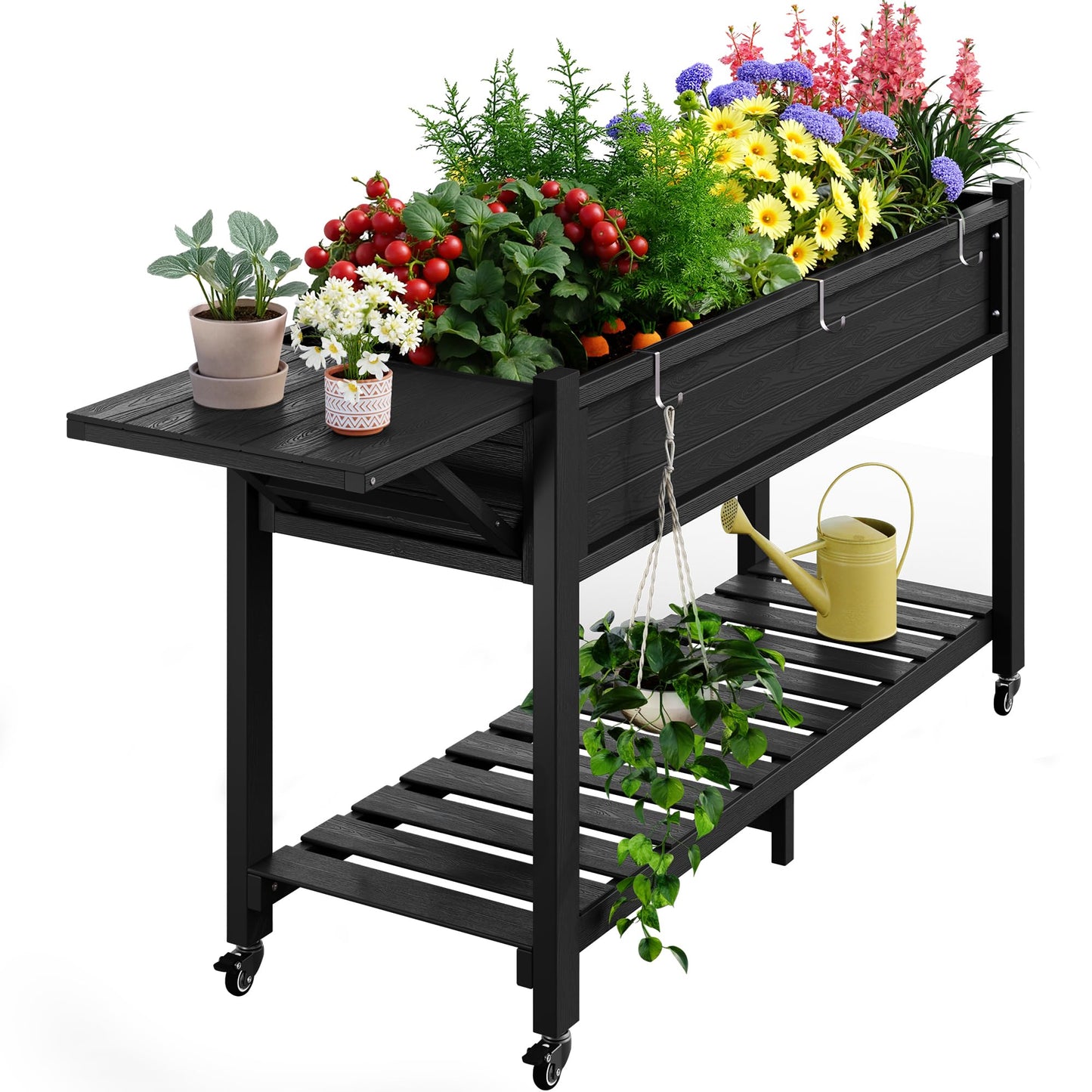 YEFU Raised Garden Bed with Legs: 57x18x30in Weight Capacity 400lb - Waterproof Raised Planter Box with Wheels - Elevated Garden Bed with Storage Shelf - Weather Resistant - for Deck/Patio/Porch/Black