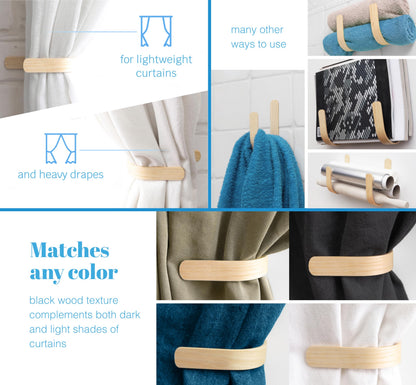 Wood Curtain Holdbacks - Set of 2 Modern Farmhouse Holdback for Drapes, Hooks for Walls, Curtains Tiebacks Wall Mount, Wooden Curtain Pullbacks Hook, Drapery Holders, Home Decor