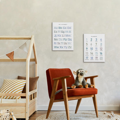 HRQKO Alphabet Numbers Nursery Canvas Wall Art Set of 2, Kids Room Decor Framed Art, Blue ABC Numbers Educational Posters Wall Decor for Classroom Toddler Kids Nursery Bedroom Playroom, 11x14 inch