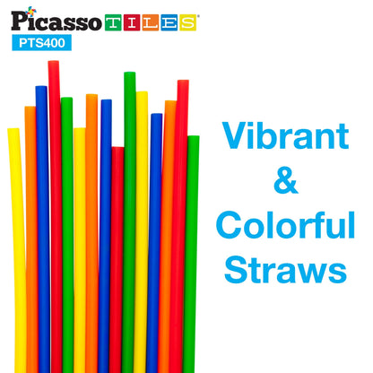 PicassoTiles 400pc Construction Toy Straw Building Set Children STEM Learning Interlocking Building Toys Creative Straw Connecting Builder Kits Early Education Kit for Kids Boys & Girls Ages 3+ PTS400
