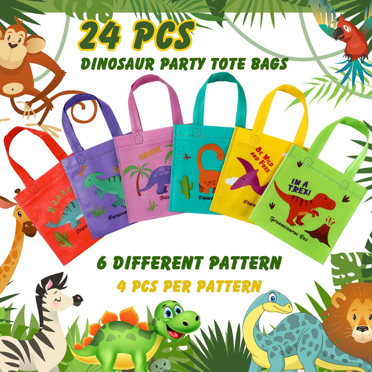Tallew 24 Pieces Dinosaur Party Favor Bags Dinosaur Birthday Party Supplies Dino Goodie Treat Candy Gift Bags Non Woven with Handles Reusable for Birthday Decorations
