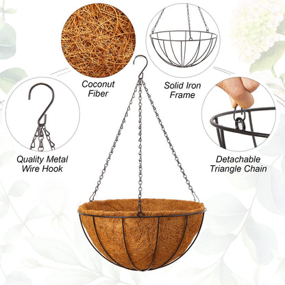 Rtteri 8 Pcs 8 Inch Hanging Baskets for Plants Outdoor with Metal Wire Frame and Coconut Coir Liners, Round Wire Hanging Baskets with Chain for Patio Garden Porch Decoration