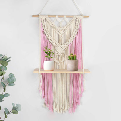 HVEST Pink Macrame Wall Hanging Shelf Boho Wall Decor Floating Storage Book Shelf Pink and Beige Handmade Woven Tapestry for Bedroom Living Room Dorm Nursery Bathroom Wall Art Macrame Plant Hanger