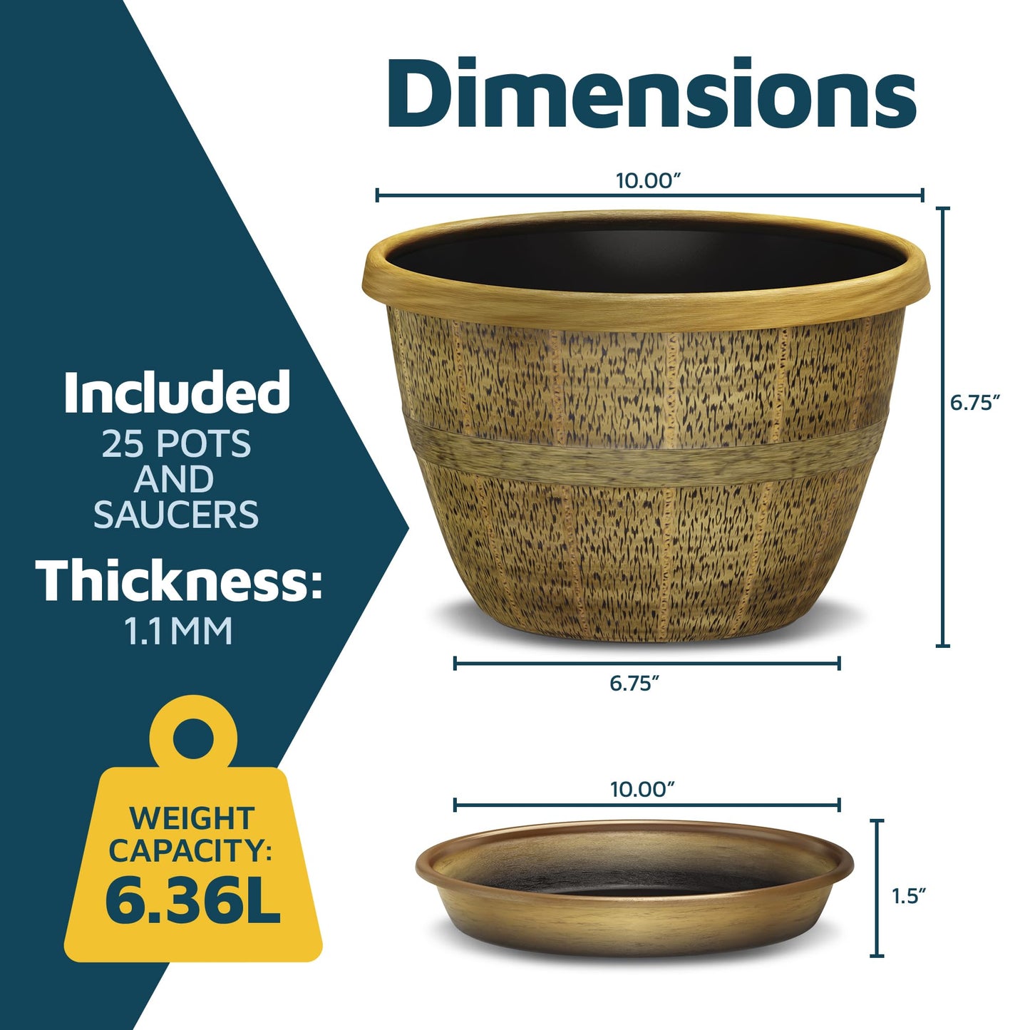 10-Inch Whiskey Barrel Planters Outdoor Pack of 25 - Durable Plastic Plant Pots for Indoor & Outdoor Use with Drainage & Saucer, Lightweight Rustic Barrel Planters for Flowers, Herbs & Small Plants