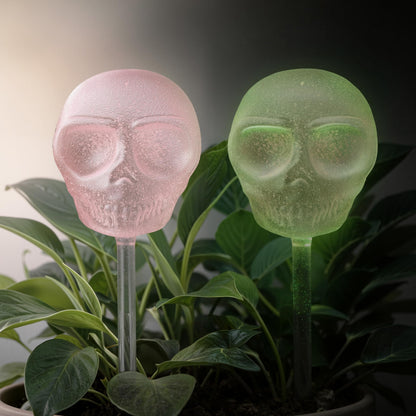 Soilagua 10 oz Glow-in-The-Dark Smiling Cute Skull Glass Plant Watering Globes, Halloween Goth Water Bulbs, Gothic Plant Self Watering Devices, Self Watering Planter Insert Plant Waterer, 2 Pack