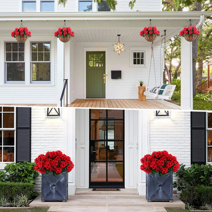 Hananona 2 Set Artificial Red Geraniums Flowers for Outdoors with Hanging Baskets, 2 Hanging Planters with 12 Pcs Red Geranium Flowers for Christmas Front Porch Garden Patio Home Decor (2, Red)