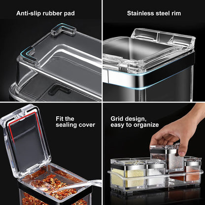 Acrylic Seasoning Box Set, 4 Piece Clear Premium Quality Storage Rack Spice Pots Condiment Jars for Salt Sugar Cruet Kitchen Organization Containers with Cover and Spoon