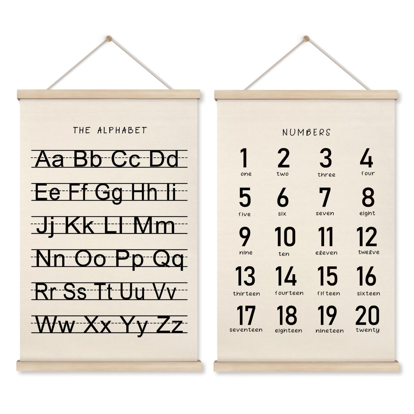 HRQKO Alphabet Numbers Poster Hanger Frame Set of 2, Nursery Wall Decor, Black ABC Poster Wall Art with Wooden Frames, Alphabet Banner Wall Hanging Decor for Boy Toddler Room Playroom, 16x24 inch