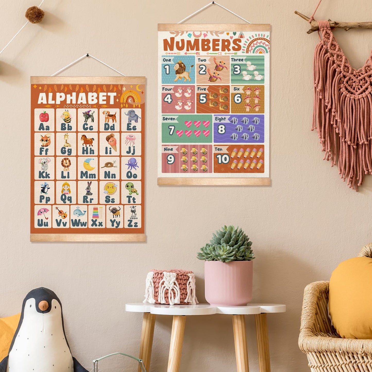 Alphabet Numbers Poster Set of 2, Alphabet Numbers Wall Art, ABC and 1-20 Numbers Canvas Print Banner,Toddler Learning Educational Poster for Playroom Nursery Classroom Decor14x18.5inch (2, Orange)
