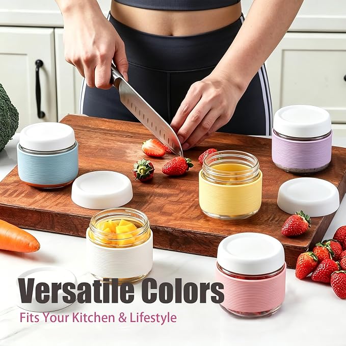 8 oz (6 Pack) Overnight Oats Containers with Airtight Lids and Silicone Sleeves - Perfect for Overnight Oats, Salad, Yogurt, Snacks, Pickles - Leakproof and Reusable Glass Food Storage Containers