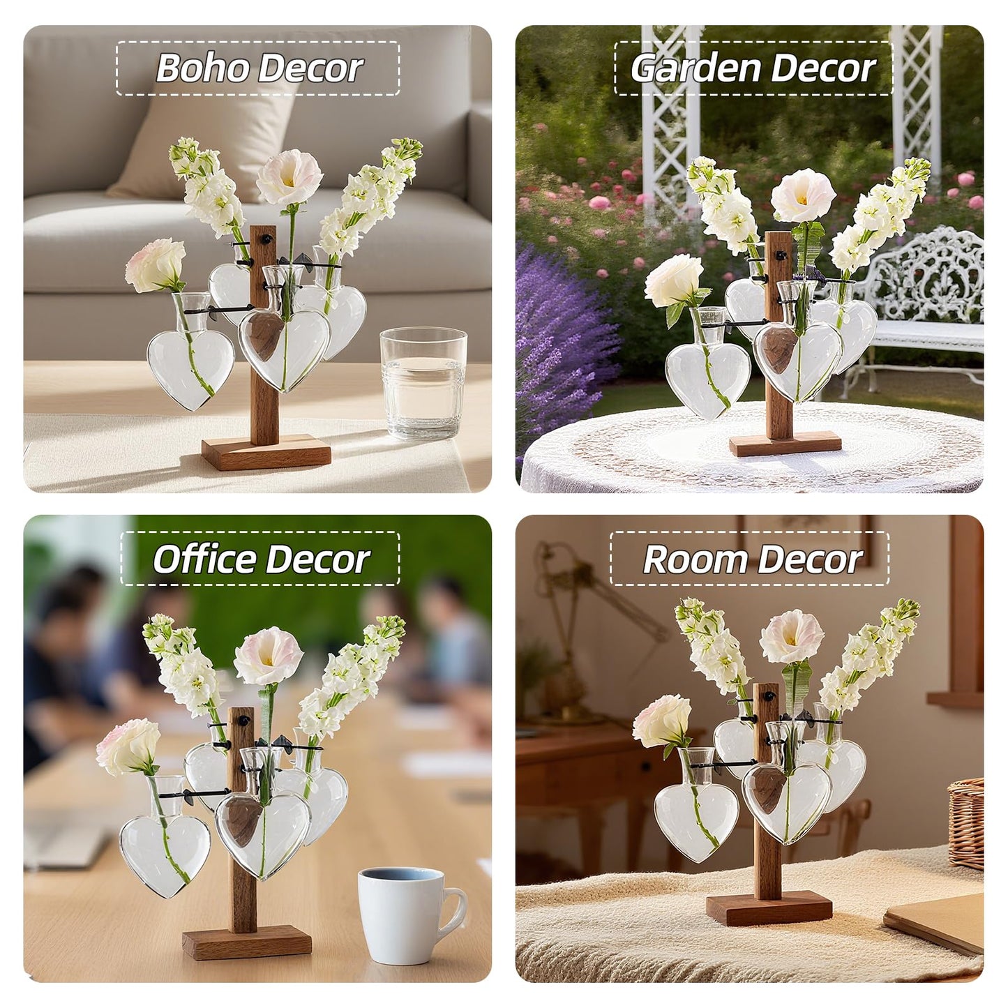 Plant Propagation Station with Acacia Wood Stand, 4 Heart-Shaped Propagation Vases for Plants, Unique Terrarium Kit for Office and Home Decor, Gifts for Plant Lovers