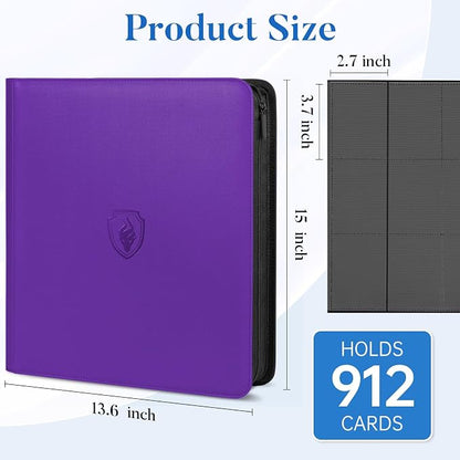 Premium Zip Card Binder 12 Pocket, Fabmaker 912 Pockets Trading Card Binder, PU Zipper Card Collection Album, Sturdy Side-Loading Card Book Holder for Game & Sports Cards, Purple