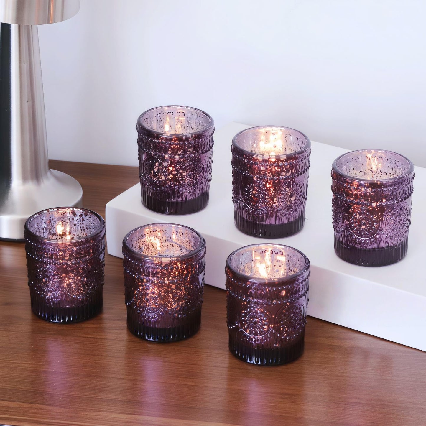 VOHO 12pcs Sunflower Purple Votive Candle Holders for Table Centerpiece, Mercury Tealight Candle Holder for Wedding Decor, Boho Tea Light Candle Holder Glass Gifts for Easter Halloween(2.1x2.6 In,W/H)