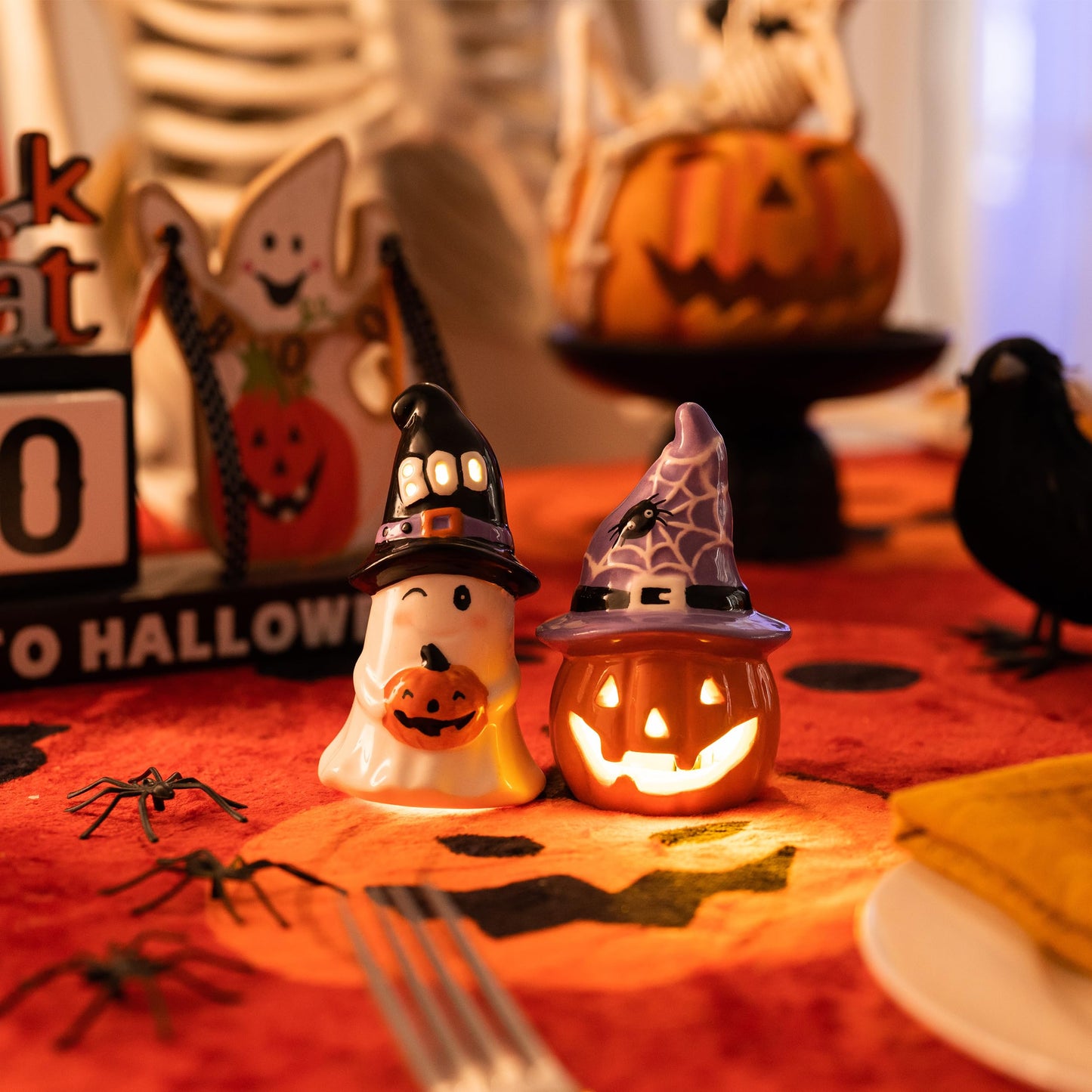 Valery Madelyn Halloween Decorations Indoor for Home, 2Pcs Ceramic Halloween Figurines with Light, Orange Jack o Lantern & White Ghost Decor with Spider Web Witch Hat for Table Tiered Tray, 4.1"