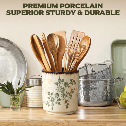 Teecyhooo Kitchen Ceramic Utensil Holder Rustic 5.5" Green Floral Utensil Crock for Countertop Tuscany Cooking Tools Storage Caddy for Spatula Spoon Farmhouse Decor Housewarming Gift