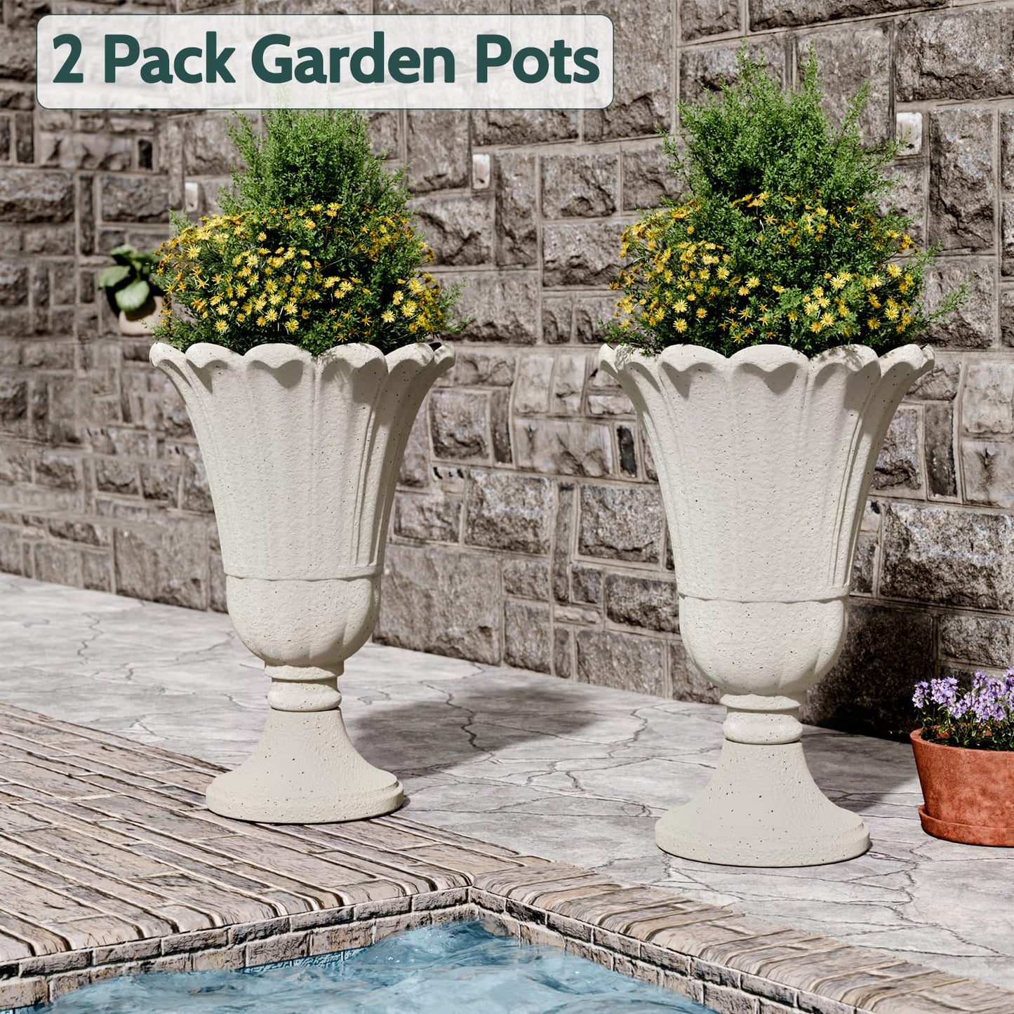 Trygoal 23.6" Tall Plastic Urn Planters for Outdoor Plants, Set of 2 Heavy-Duty Classic Indoor Large Flower Pots with Drainage Holes & Petal Design, Outdoor Planters for Porch, Home Garden, White