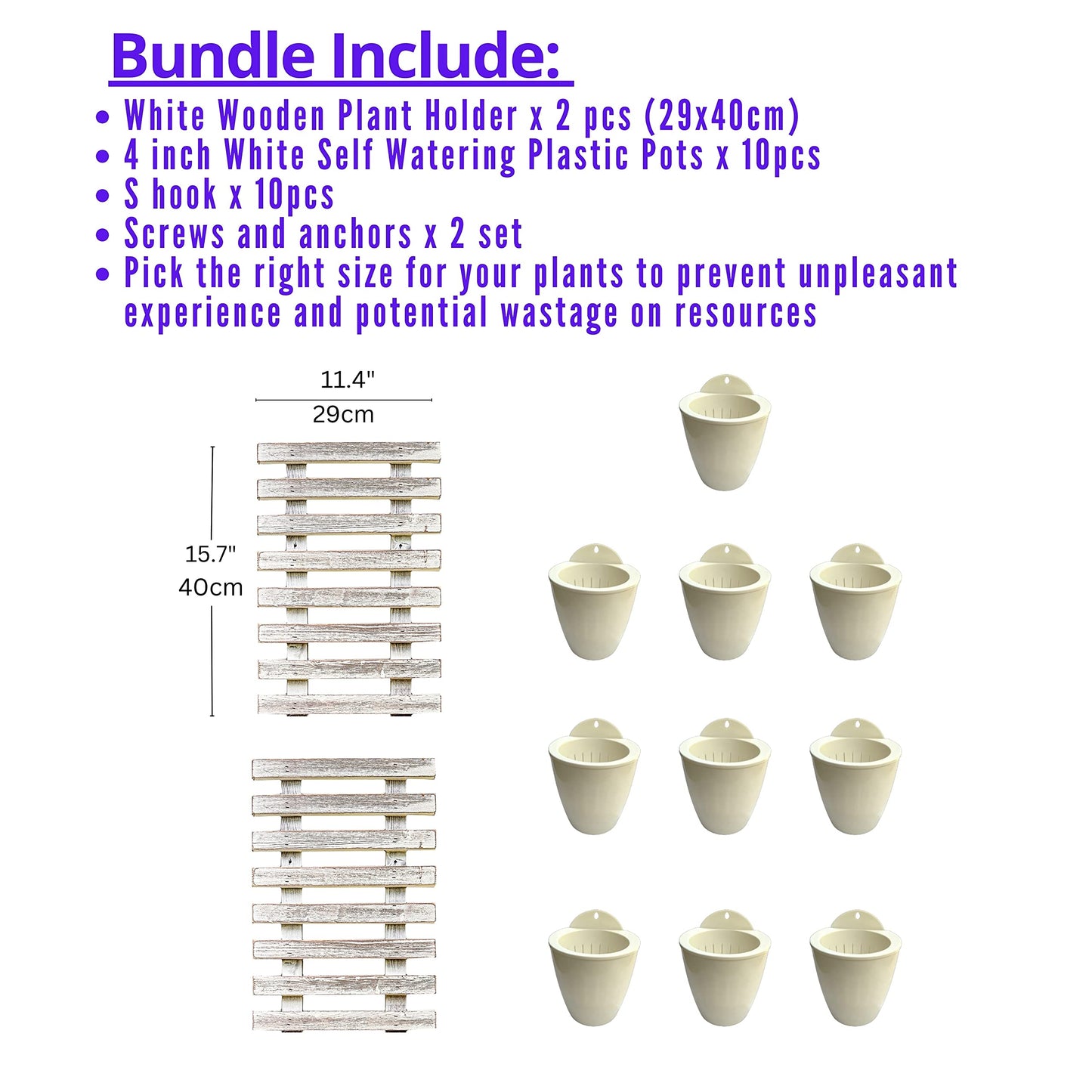 ShopLaLa Bundle- 4" White Self Watering Plastic Pots x 10 Pack + White Wooden Hanging Planters x 2 Pack Vertical Wall Mounted Pot Holder Indoor Plants Modern Hydroponic Herb Succolent Garden LaLaGreen