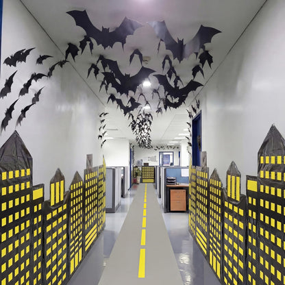 Preboun Bat Theme Party Decorations Skyscraper City 8.2x3.3 ft Backdrop with 9.8x1.3ft Road Rug 3D Bat Cutouts Modern City Backdrop Hero Birthday Decor for Hallway Wall Background Photo Props