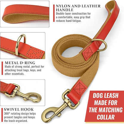 Nylon Dog Leash and Collar Set with Metal Quick Release Buckle, Adjustable, Durable High-Density Fabric, Breathable, Soft and Comfortable, No Pull for Walking and Training, Khaki, XL (16.9"-26")