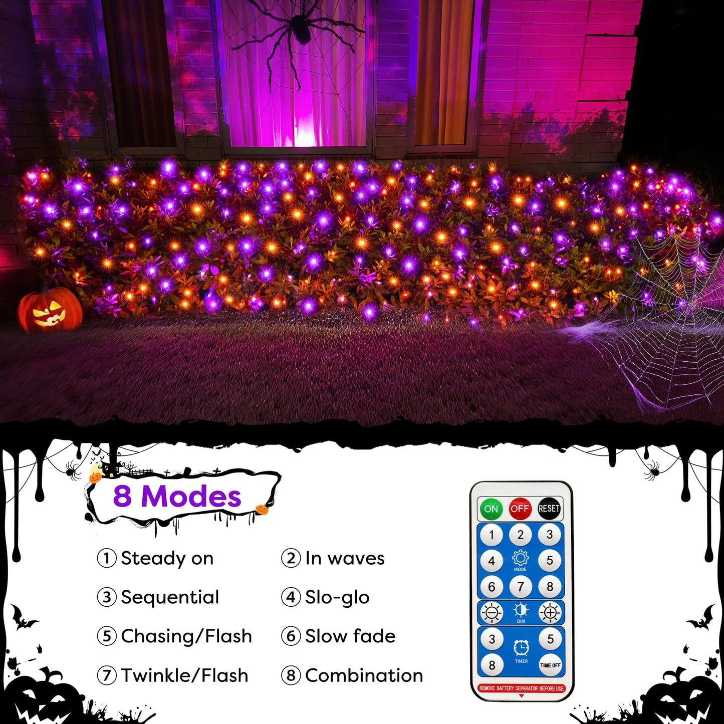WBao Solar Halloween Lights Outdoor 200LED F8 Big Bulbs, 8.4ft x 5.2ft Orange Purple Net Lights with Remote, 8 Modes, Timer, Connectable, Waterproof & Dark Green Wire for Lawn, Bushes Halloween Decor