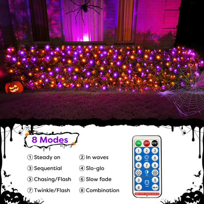 WBao Solar Halloween Lights Outdoor 200LED F8 Big Bulbs, 8.4ft x 5.2ft Orange Purple Net Lights with Remote, 8 Modes, Timer, Connectable, Waterproof & Dark Green Wire for Lawn, Bushes Halloween Decor