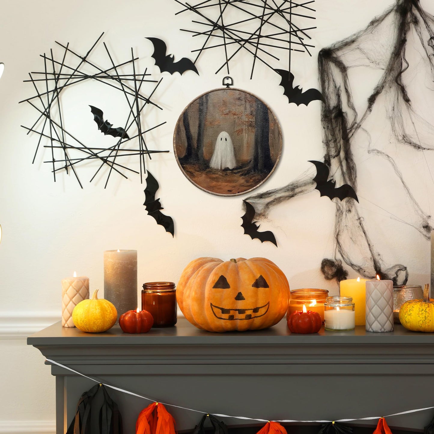 Yorhifa Halloween Ghost Framed Wall Art, Spooky Ghost Aesthetic Round Wall Art, Rustic Fall Forest Round Walls Decor, Farmhouse Gothic Circle Canvas Artwork Hanging Decor, 10x10in