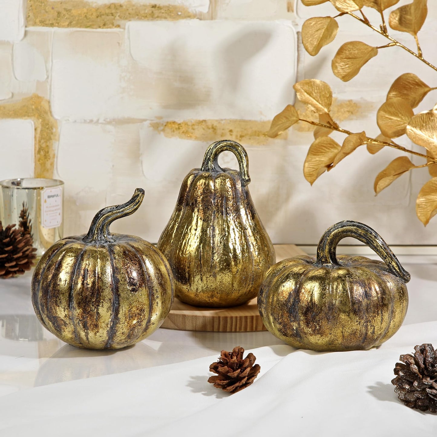 Hollyone Fall Pumpkin Decor 3 PCS Gold Resin Pumpkin Figurines Fake Pumpkins for Decorating Faux Pumpkins Fall Decorations Rustic Farmhouse Home Centerpiece for Thanksgiving Harvest Halloween Autumn