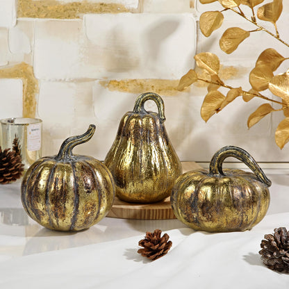 Hollyone Fall Pumpkin Decor 3 PCS Gold Resin Pumpkin Figurines Fake Pumpkins for Decorating Faux Pumpkins Fall Decorations Rustic Farmhouse Home Centerpiece for Thanksgiving Harvest Halloween Autumn